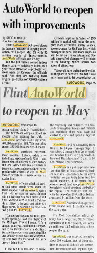 AutoWorld (Six Flags AutoWorld) - 1985 Article About Re-Opening